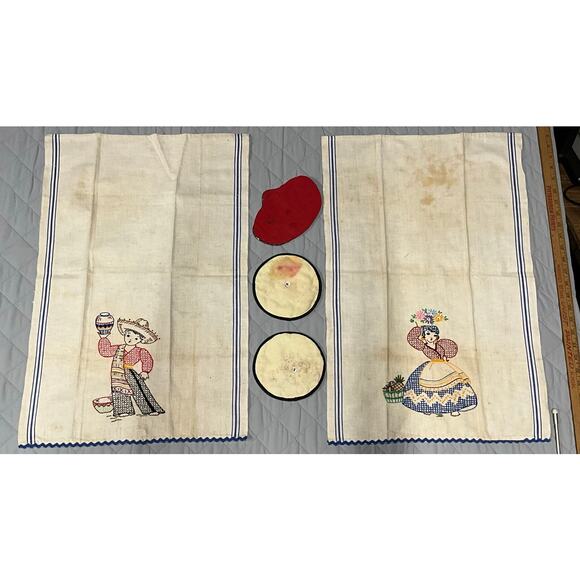 VTG Handmade 5 Pc Set Tea Towels Hot Pads Hand Stitched Southwest Mexcian Themed - Picture 7 of 10